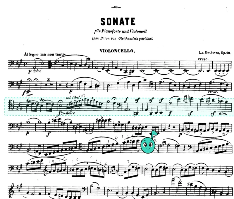 iMeetStand's score view, open on the cello part of Beethoven's Sonata Op. 69. One line of the music is highlighted for a question, and a Meetie sits on the staff two lines below it.